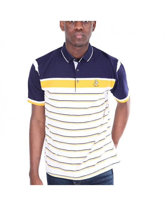 Men's Short Sleeve White Navy Blue And Yellow Polo Shirt With Collared Horizontal Striped Shirts