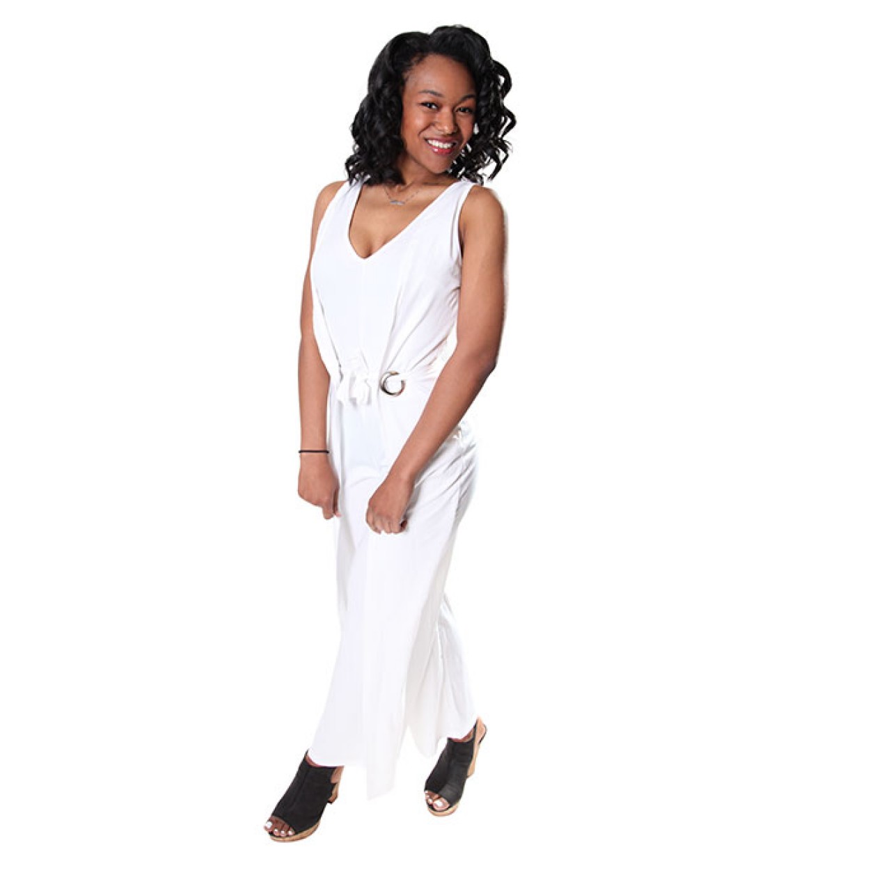Solid Deep V Neck Wide Leg White Sexy Jumpsuits