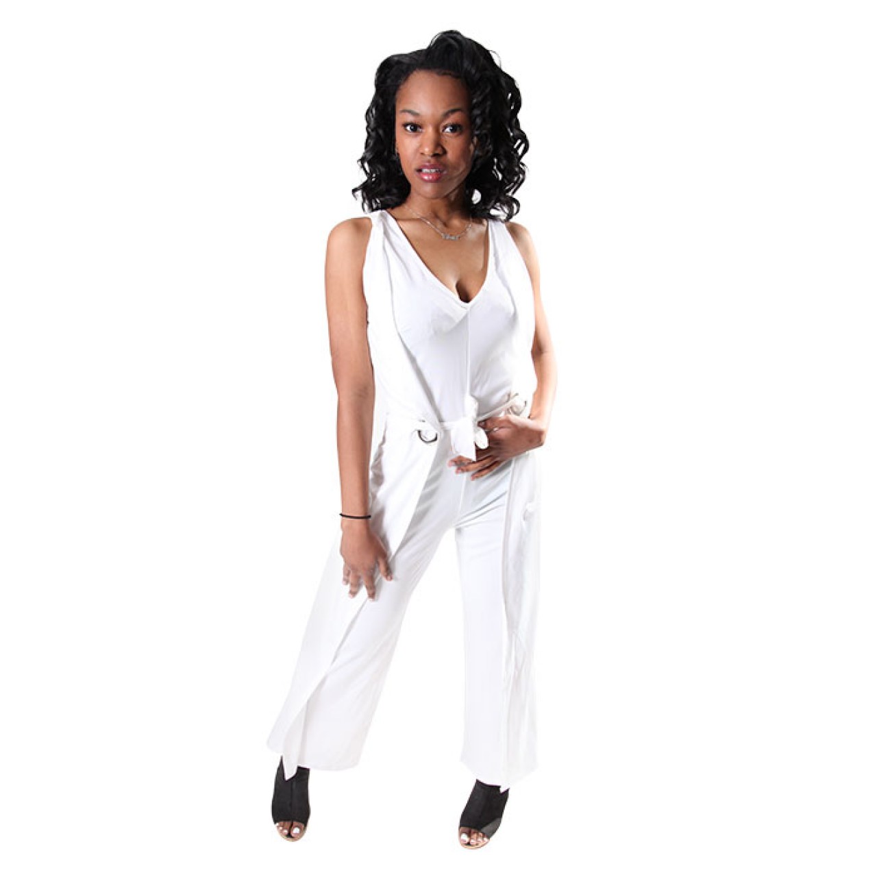 Solid Deep V Neck Wide Leg White Sexy Jumpsuits