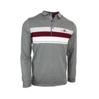 Men's Classic White And Red Striped Grey Long Sleeve Polo Shirt