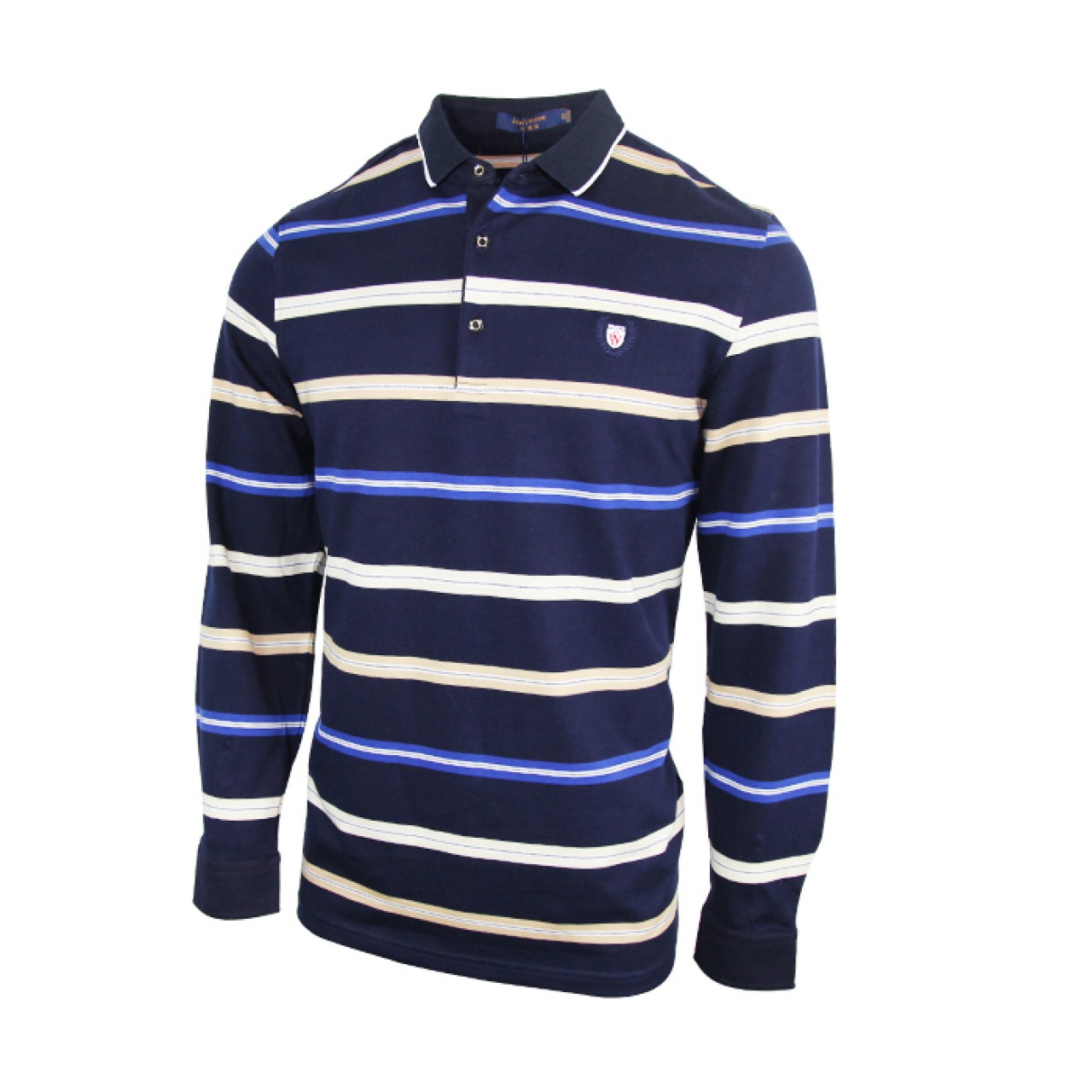 Dark Blue With White Mens Long Sleeve Striped Polo Shirt