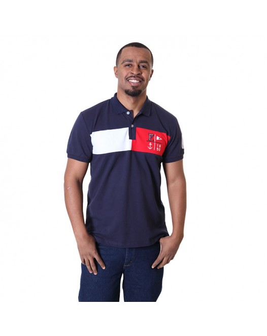 Men's Navy Blue Collared Neck Tees With Designer Patch At Chest
