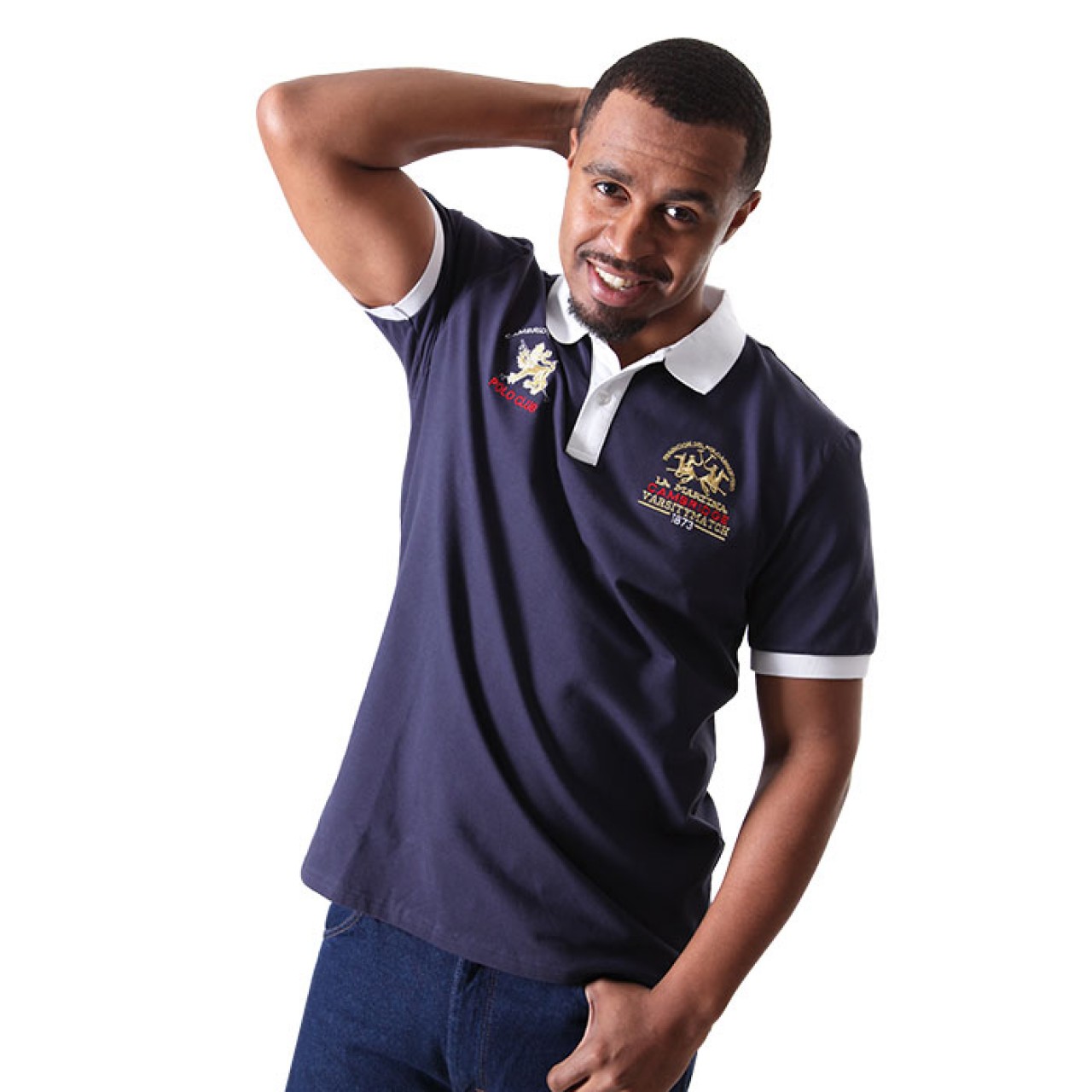 Men's Solid Navy Blue With White Polo Collared Shirt