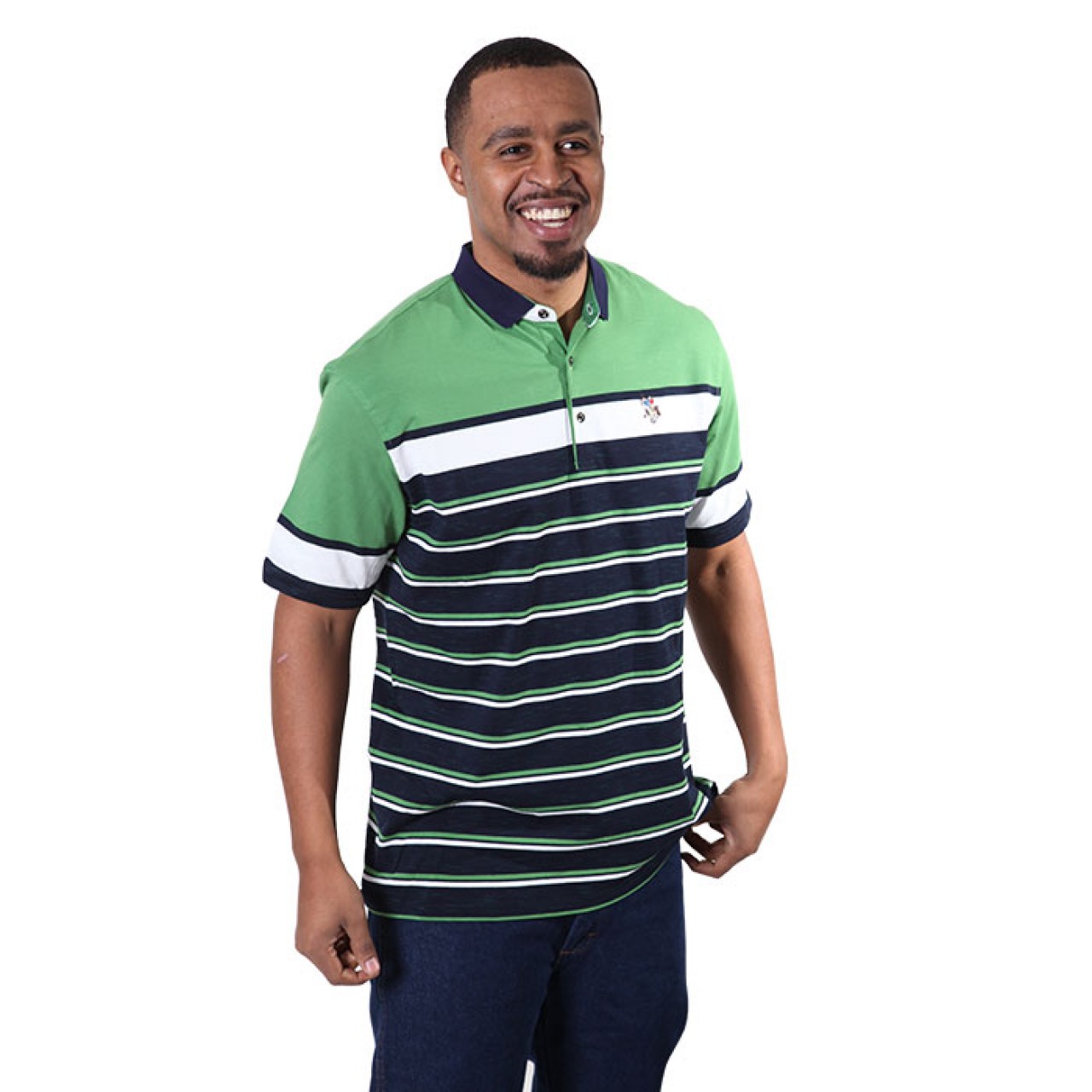 Men's Solid Navy Blue Collar Green And White Striped Polo Shirt With Short Sleeves
