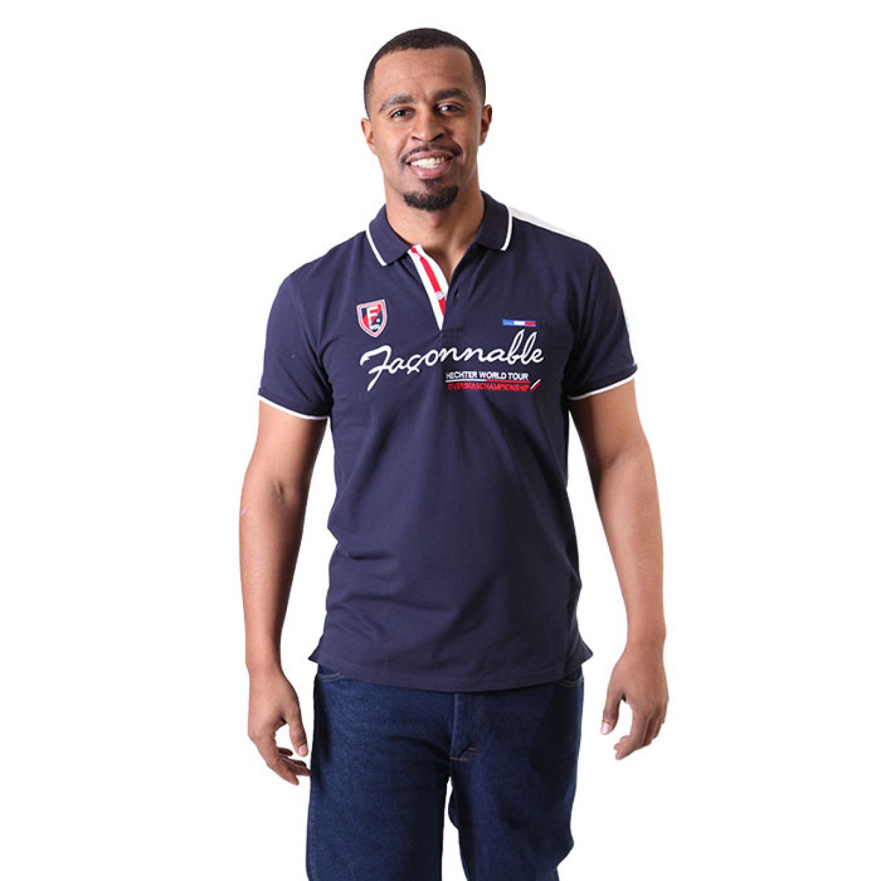Men's Faconnable Printed Design Pattern Navy Blue Polo Collar Shirt With Half Sleeve