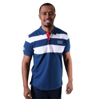 Men's Horizontal Polo Shirt Stripe Blue And White Short Sleeve Collared Tees