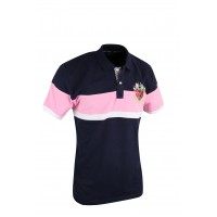 Men's Tri Color Short Sleeve Navy Blue Polo T Shirt With Pink And White Stripe