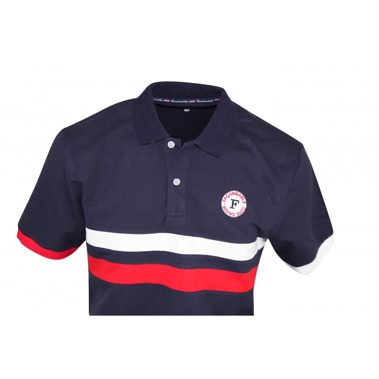 Mens Simple Easy Wear Navy Blue Polo T Shirt With Red And White Stripes