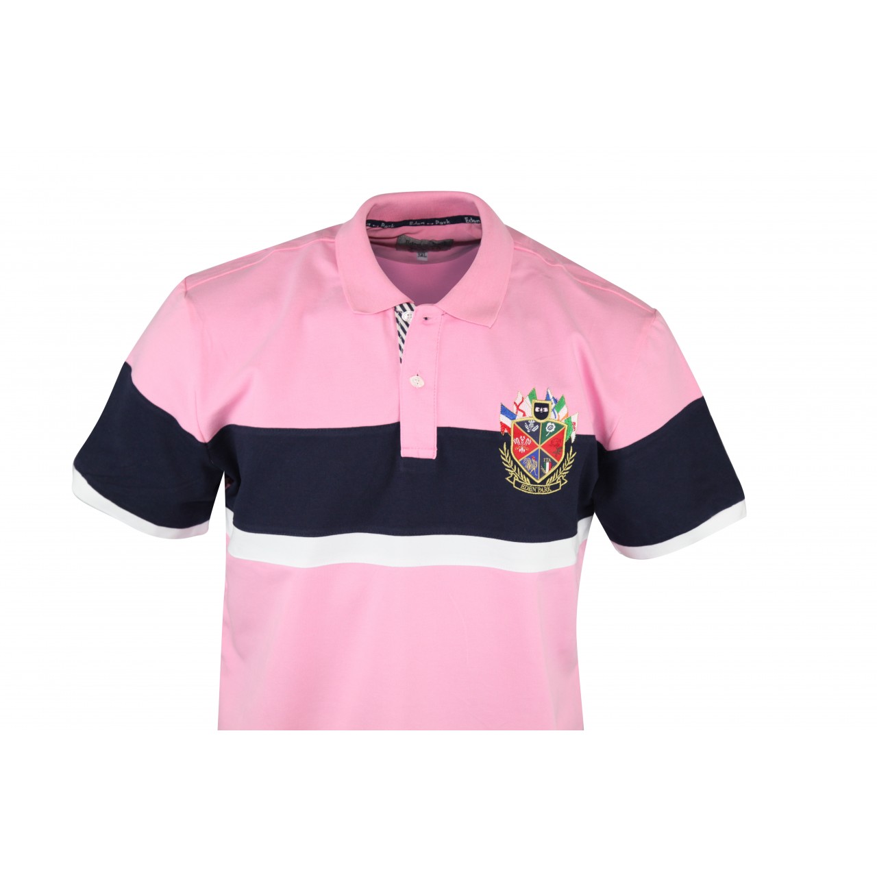 Multi Color Short Sleeve Collared Pink Polo Shirt Mens With Navy Blue And White Stripe