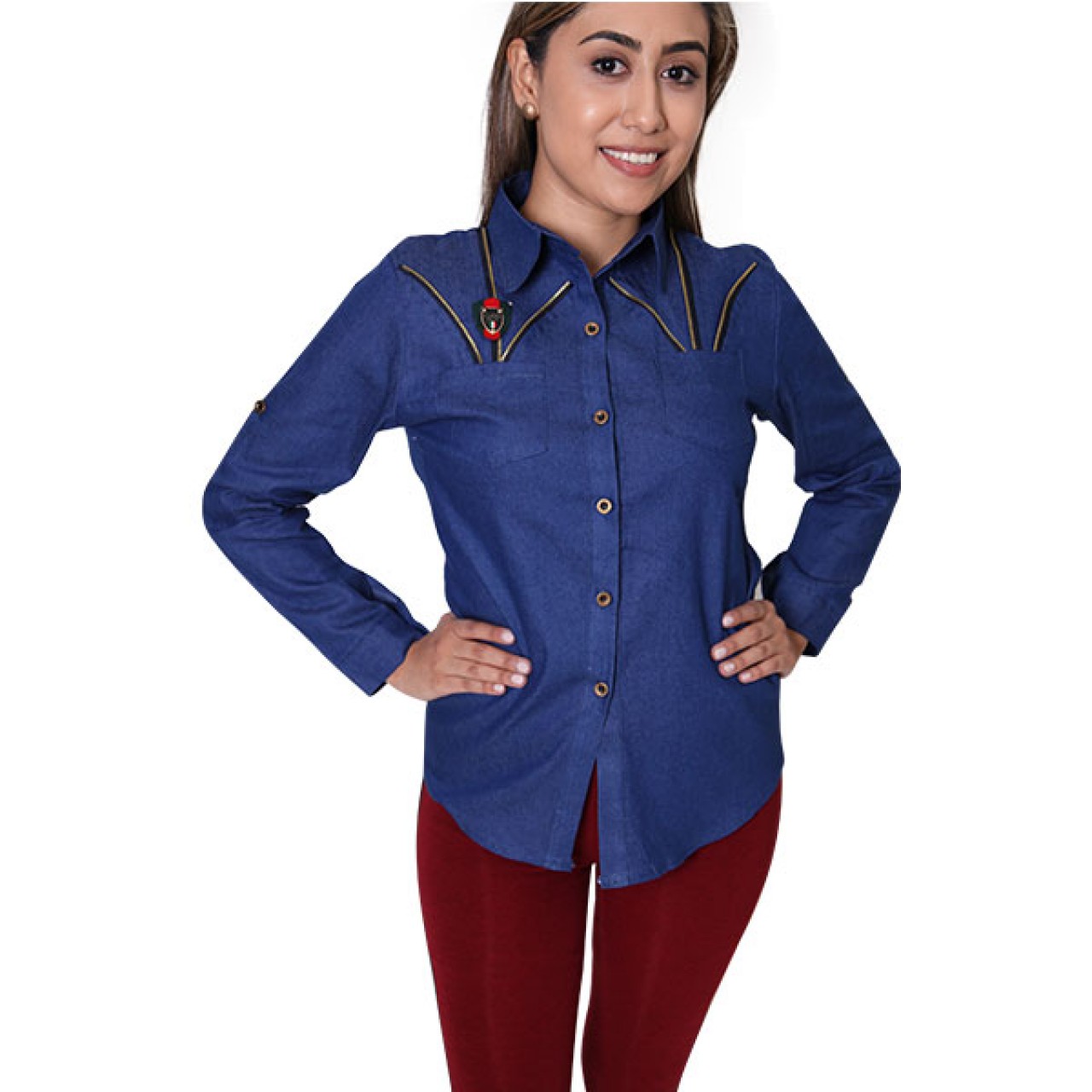 Women Navy Blue Shirt Collared Long Sleeve Button Down Designer Outfit
