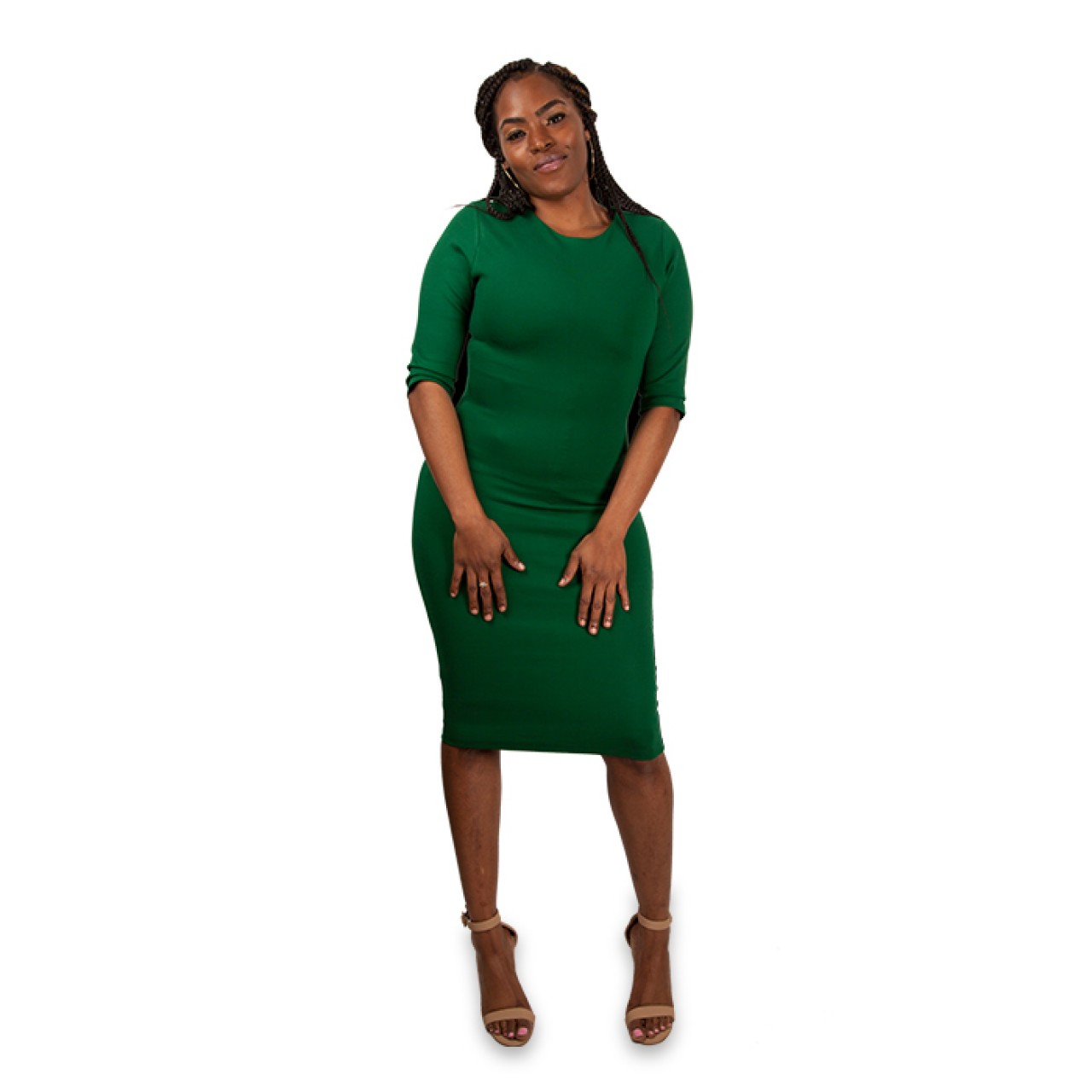 Round Neck Plain Bodycon Long Sleeves Midi Knee Length Green Shift Dress For Women