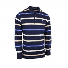 Dark Blue With White Mens Long Sleeve Striped Polo Shirt