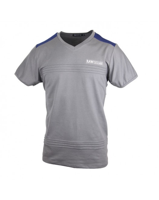 Classic Mens V Neck T Shirt Ash Colour With Navy Blue Shoulder Design Short Sleeve Tee