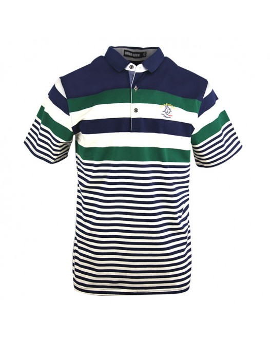 Men's Collared Green White And Navy Blue Polo Multi Color Stripe Shirt