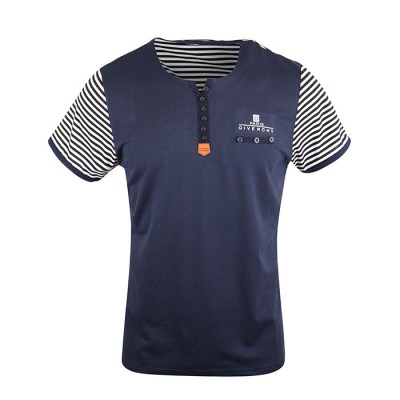 Mens Crew Neck White Striped Half Sleeve Navy Blue T Shirt