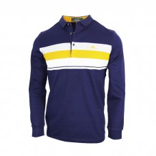 Men's Navy Blue Polo Long Sleeve Shirt With Yellow And White Horizontal Stripes