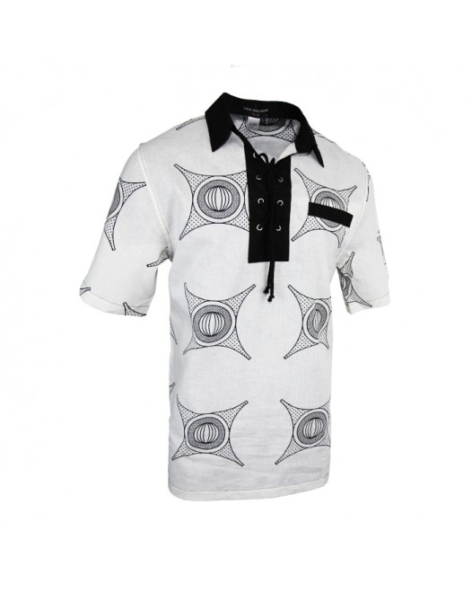 Men's Short Sleeve White Funky Black Collared Polo Shirt