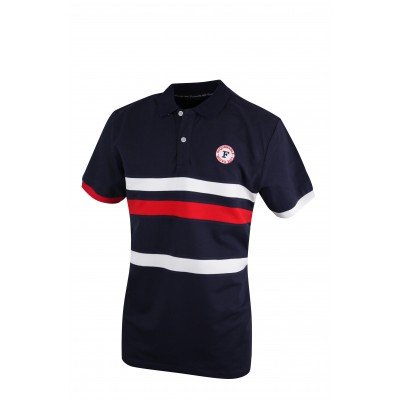 Mens Simple Easy Wear Navy Blue Polo T Shirt With Red And White Stripes