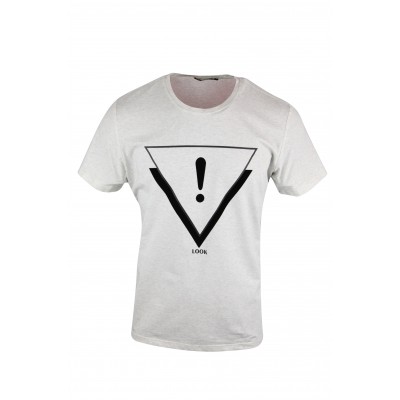 Men's Round Neck Exclamatory Look Print Design Ash Colored T Shirt With Short Sleeves