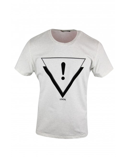 Men's Round Neck Exclamatory Look Print Design Ash Colored T Shirt With Short Sleeves