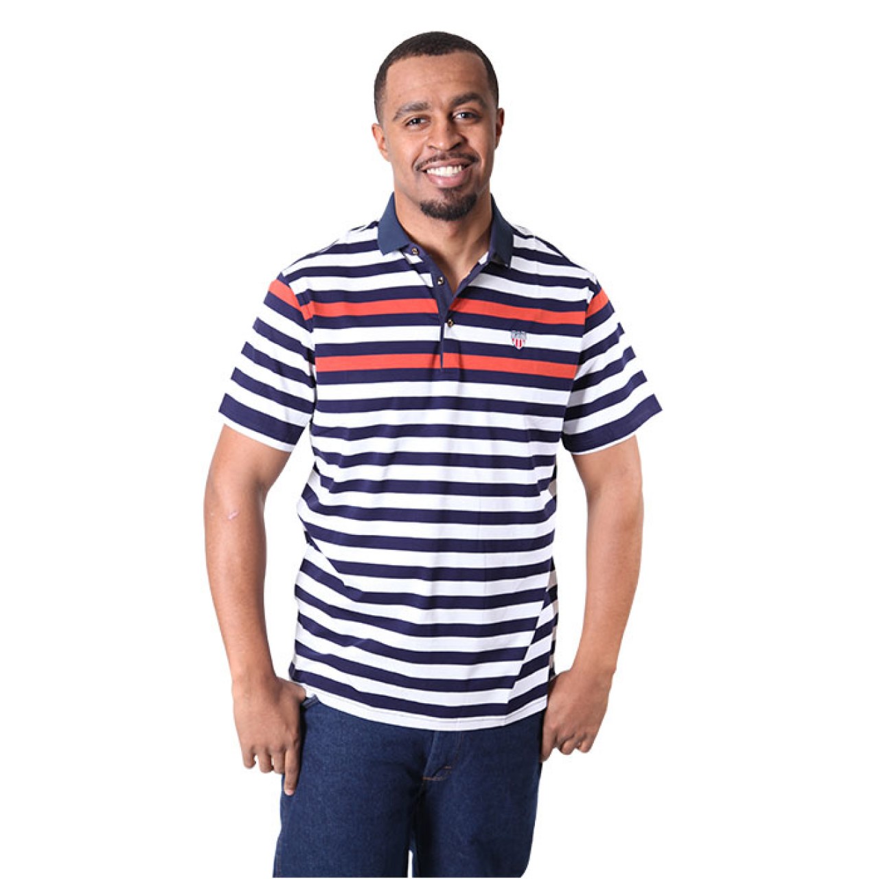 Blue polo shirt with shop red and white stripes