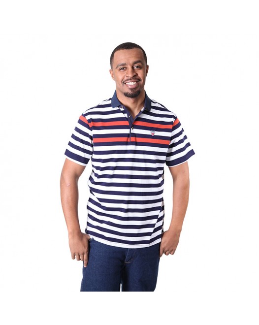 Men's Solid Blue Collar Design Orange And White Striped Polo Shirt