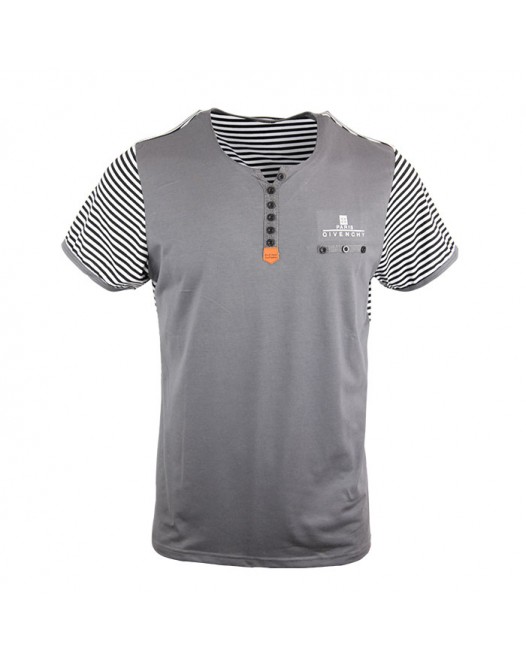 Men's Stylish Ash With White And Black Stripe Short Sleeve Henley Tee