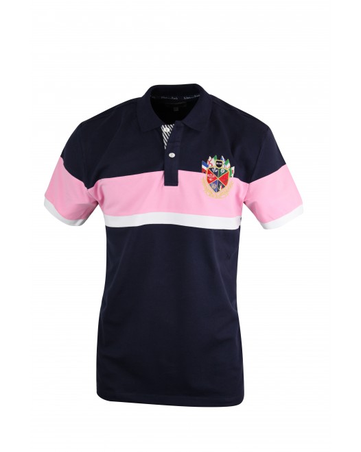 Men's Tri Color Short Sleeve Navy Blue Polo T Shirt With Pink And White Stripe