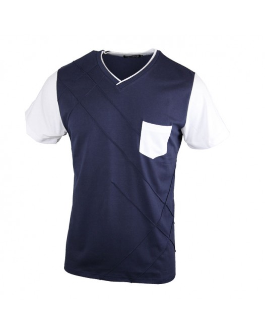 Navy Blue V Neck Tee Shirt With Pocket Stripe Design Pattern