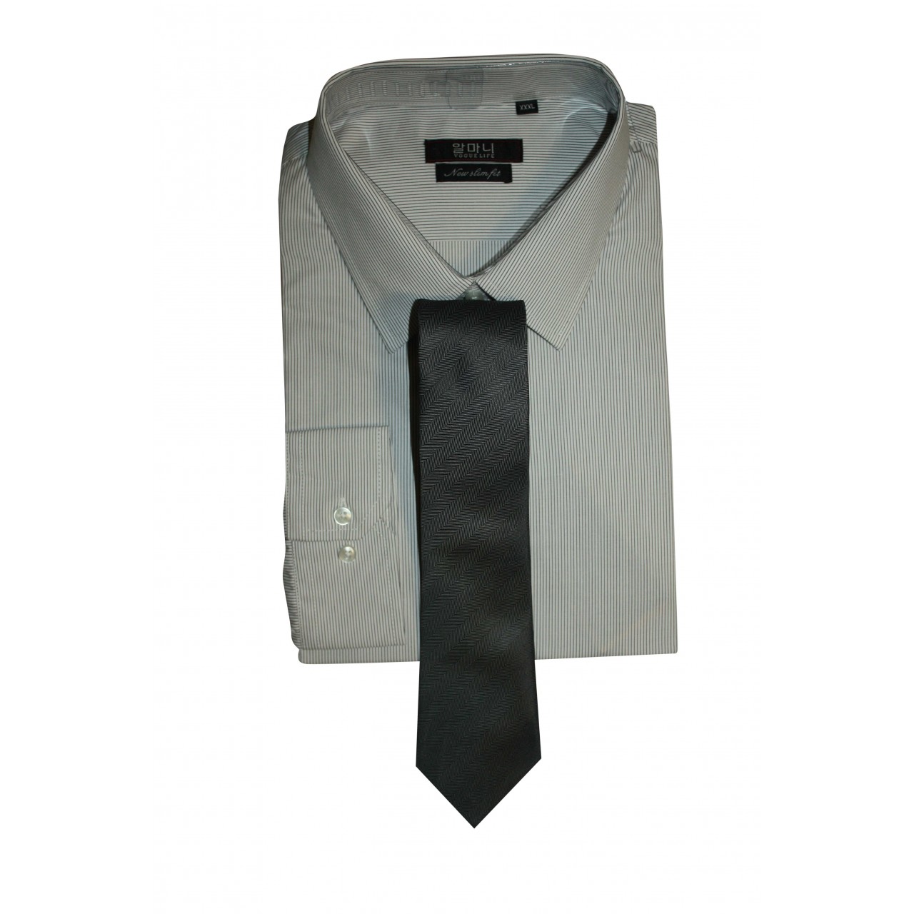 Men's Formal Basic VOGUE LIFE Ash Color Striped Shirt With Tie Black Set