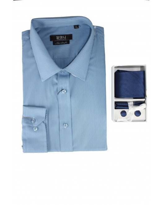 White Striped Shades Formal Basic VOGUE LIFE Blue Shirt Men With Tie Set