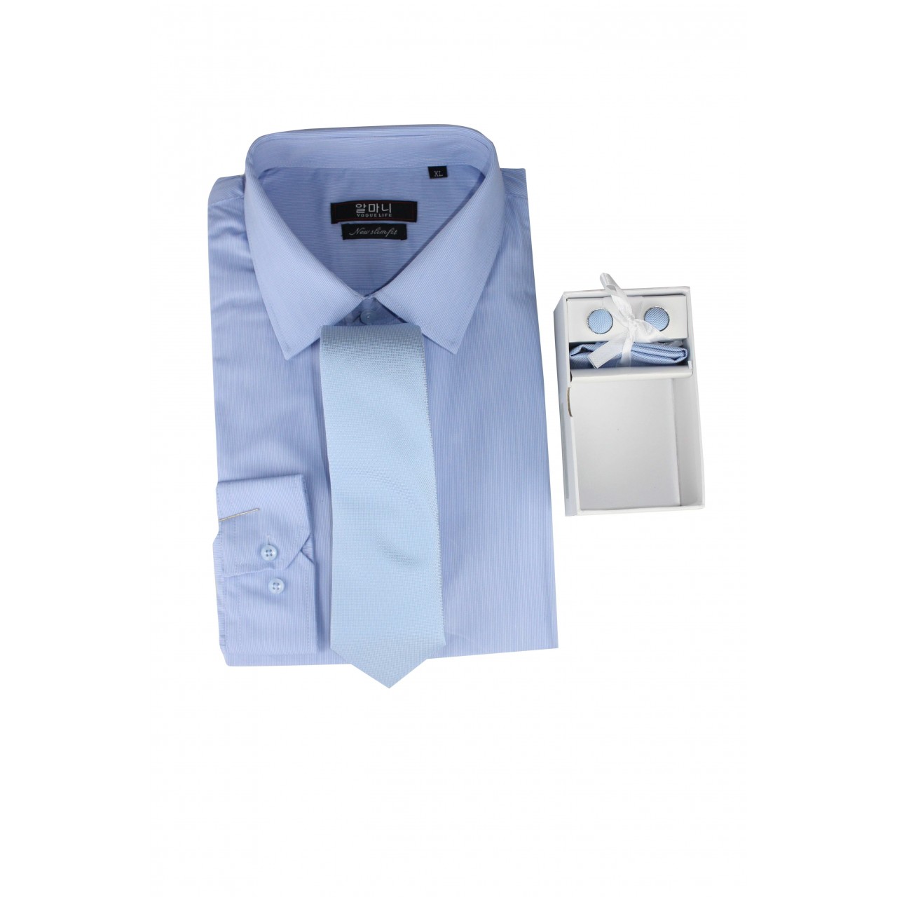 Men's VOGUE LIFE Formal Basic White Stripes Light Blue Shirt Long Sleeve With Tie Set