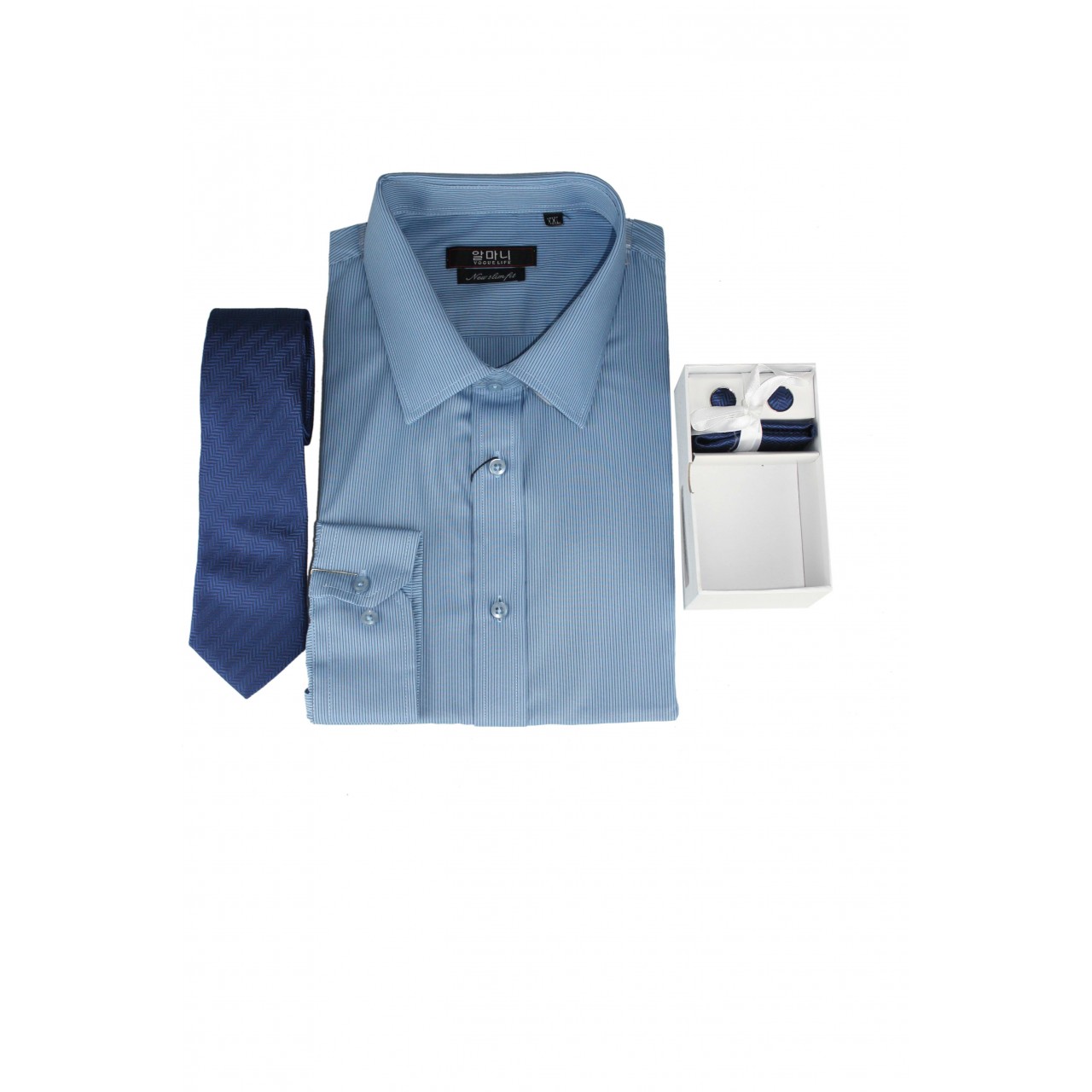Vogue Life Formal Basic White Striped Shades Men Blue Shirts With Tie Set Combinations