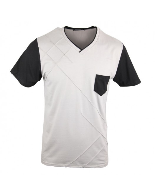 V-Neck Plain White And Black T Shirts Mens Short Sleeve With Pocket