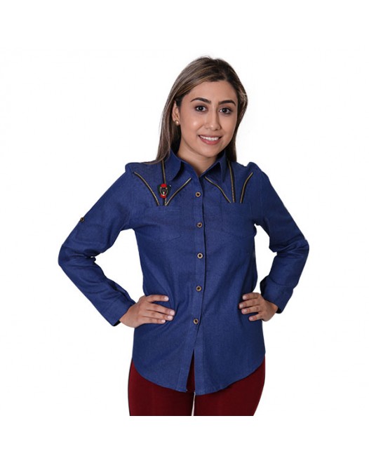 Women Navy Blue Shirt Collared Long Sleeve Button Down Designer Outfit
