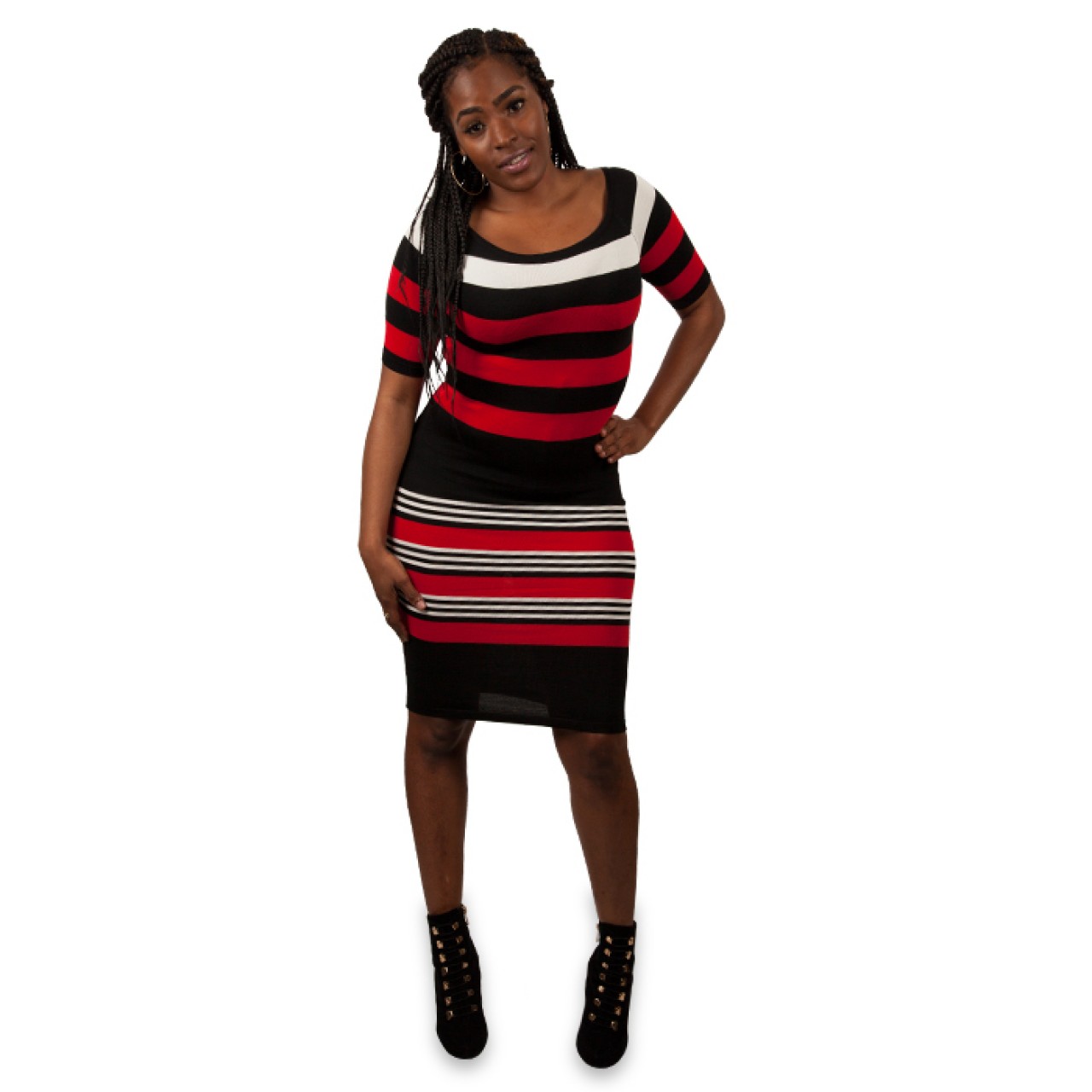 Women's Knee Length Knit Striped Dress 3/4 Sleeves Bodycon White Black And Red Dresses