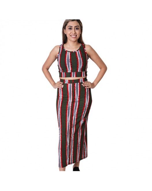 Women's Long Sleeveless Maxi Dress Pattern Crop Top With Skirt Set