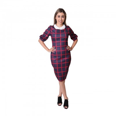 Women Royal Navy Blue And Red Plaid Long Sleeve Bodycon Dress