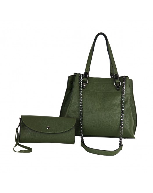 High Impact Classic Structured Leather Green Tote With Black Chain Purse