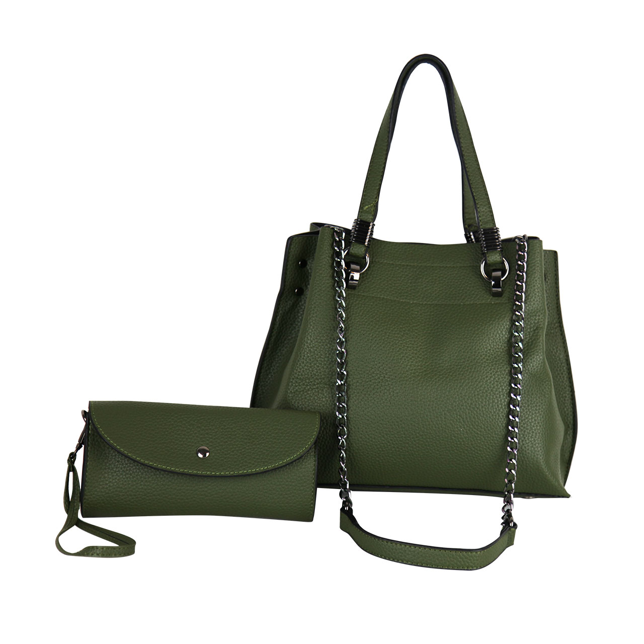 Women Classic Structured Two Piece Green Tote Shoulder Leather Black Metal Chain Straps Bag And Clutches Set