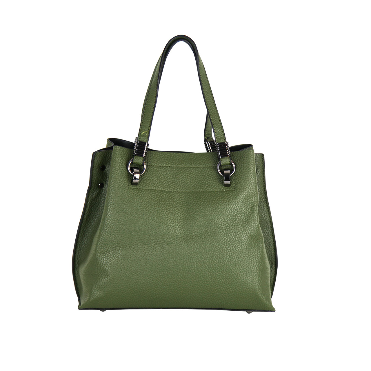 Women Classic Structured Tote Shoulder And Clutches Green Leather Two Piece Set With Metal Chain Straps