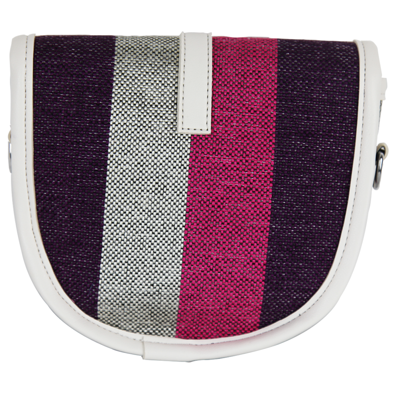 Women's Front Flap Belt Closure Sling Satchel Striped Multi Color Crossbody Bag With White Adjustable Shoulder Straps