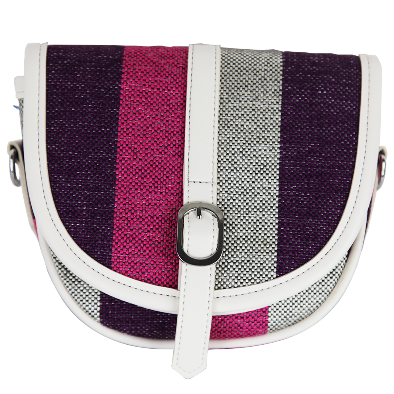 Women's Front Flap Belt Closure Sling Satchel Striped Multi Color Crossbody Bag With White Adjustable Shoulder Straps