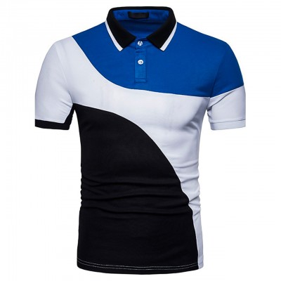 Men's Patchwork Chinoiserie Cotton Collared Half Sleeve Blue White And Black Polo Shirts