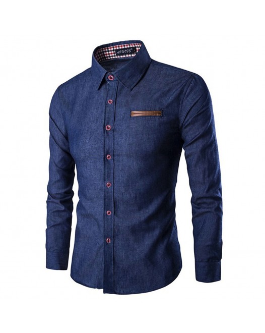 Men's Daily Holiday Basic Shirt - Solid Colored Patchwork Dark Blue Long Sleeve