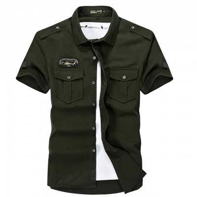 Solid Colored Plus Size Basic Military Short Sleeve Daily Slim Tops Classic Collar Mens Army Green Shirt
