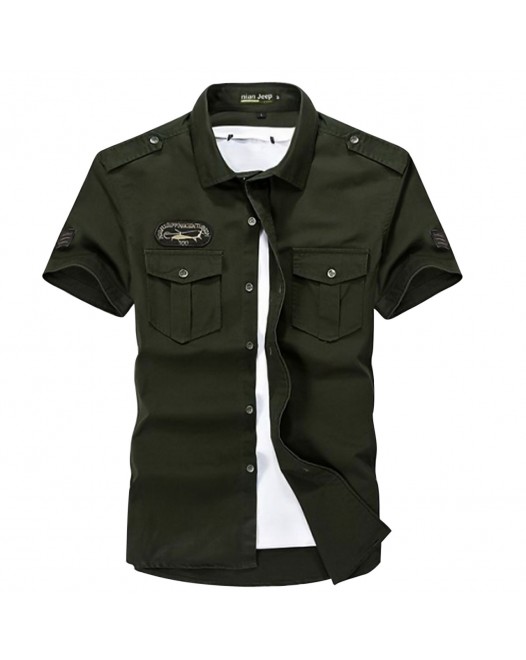 Solid Color Basic Short Sleeve Daily Slim Classic Collar Military Army Green Shirt For Men