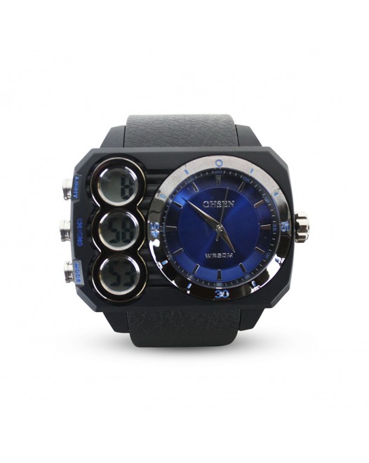 Men's OHSEN Digital 50M Quartz Big Dial Sport Waterproof Dual Time Silicone Wristwatch