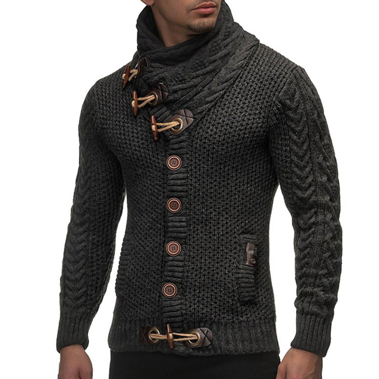 Men's Solid Slim Regular Cardigan Sweater Jumper Dark Gray Colored Turtleneck Long Sleeve