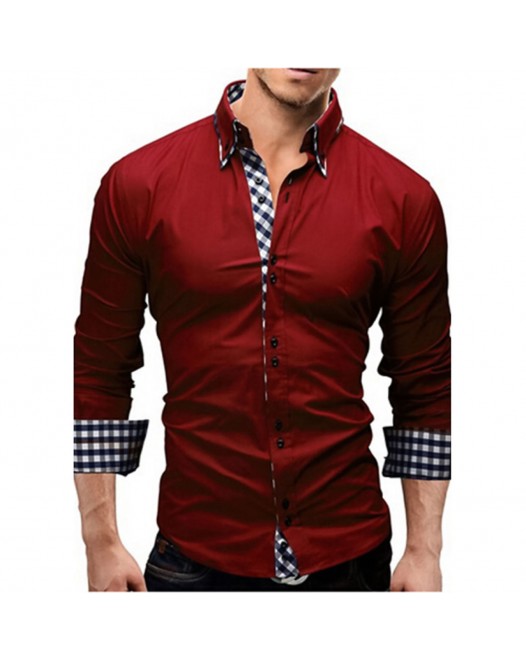 Men's Solid Business Daily Work Spread Collar Red Long Sleeve Shirt With Collar